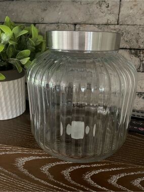 Large Ribbed Glass Storage Jar w/ Stainless Lid ~🆕~ Many Uses